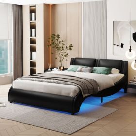 Full Size Upholstered Faux Leather Platform Bed With LED Light Bed Frame With Slatted - Black