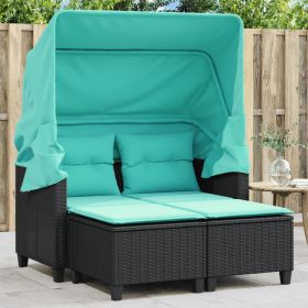 Patio Sofa 2-Seater with Canopy and Stools Black Poly Rattan