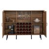 Oak Color Faux Rattan Barn Door Wine Cabinet with Wine Rack and Wine Glass Rack, Double Door Design with Removable Shelves