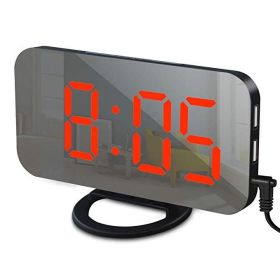 Digital LED Alarm Clock Mirror 2 USB Charger Ports Night Light LED Table Clock Snooze Function Adjustable Brightness Desk Clocks (Color: Black-Red, Ships From: China)