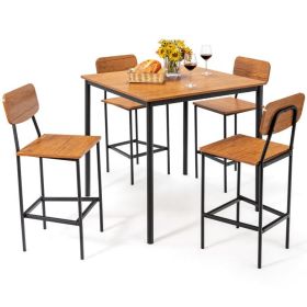 5 Pieces Industrial Dining Table Set with Counter Height Table and 4 Bar Stools (Color: walnut)