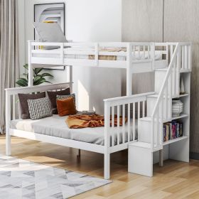 Stairway Twin-Over-Full Bunk Bed with Storage and Guard Rail for Bedroom (Color: White)