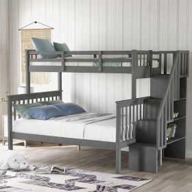 Stairway Twin-Over-Full Bunk Bed with Storage and Guard Rail for Bedroom (Color: Gray)