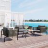 4-Piece Rope Sofa Set with Thick Cushions and Toughened Glass Table, All-Weather Patio Furniture Set For 4 Person With Loveseat