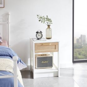 15.75" Rattan End table with drawer, Modern nightstand, side table for living room, bedroom (Color: White, Material: MDF)