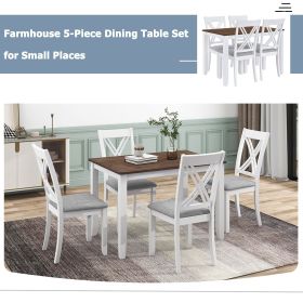 Rustic Minimalist Wood 5-Piece Dining Table Set with 4 X-Back Chairs for Small Places (Color: White, Material: Solid Wood)