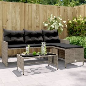 Patio Sofa with Table and Cushions L-Shaped Gray Poly Rattan (Color: Gray)