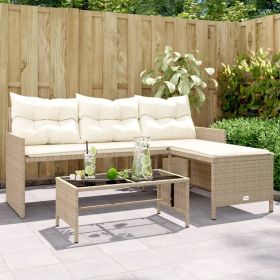 Patio Sofa with Table and Cushions L-Shaped Beige Poly Rattan (Color: Beige)