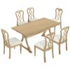 Retro 7-Piece Trestle Dining Table Set with Upholstered Dining Chairs, Smooth Dining Backs for Dining Room, Living Room, Kitchen