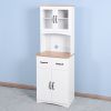 Wooden Kitchen Cabinet White Pantry Room Storage Microwave Cabinet with Framed Glass Doors and Drawer