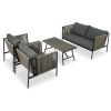 4-Piece Rope Sofa Set with Thick Cushions and Toughened Glass Table, All-Weather Patio Furniture Set For 4 Person With Loveseat