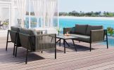 4-Piece Rope Sofa Set with Thick Cushions and Toughened Glass Table, All-Weather Patio Furniture Set For 4 Person With Loveseat