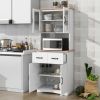 Wooden Kitchen Cabinet White Pantry Room Storage Microwave Cabinet with Framed Glass Doors and Drawer