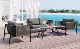 4-Piece Rope Sofa Set with Thick Cushions and Toughened Glass Table, All-Weather Patio Furniture Set For 4 Person With Loveseat